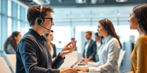 Futuristic voice-enabled customer support in a modern office.