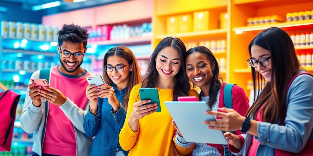 Diverse shoppers engaging with e-commerce technology in retail.