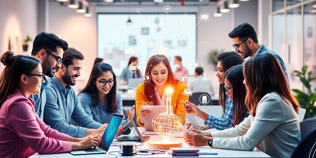 Diverse team collaborating with technology in a modern workspace.