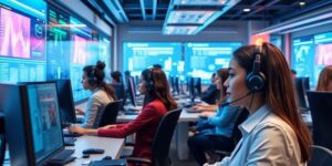 Futuristic call center with AI-assisted customer service agents.