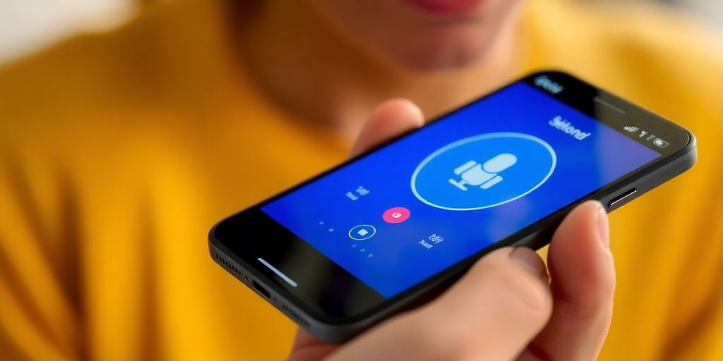Person using voice AI on smartphone for communication.