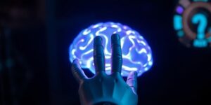 Robotic hand touching glowing brain.