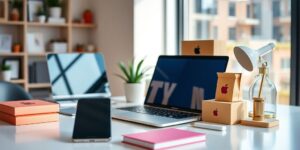 Modern workspace with dropshipping products and technology.