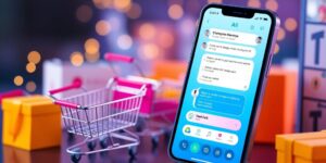 AI chatbot on smartphone with shopping elements around it.