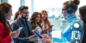 Futuristic customer service agent with diverse satisfied customers.