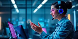 Futuristic customer service with a voice AI assistant.