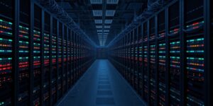 Data center with glowing servers and network cables.