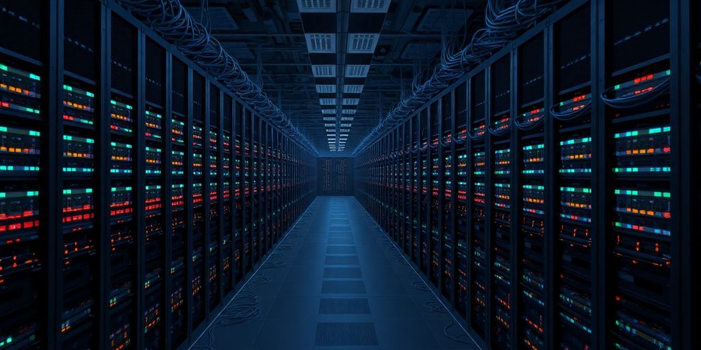 Data center with glowing servers and network cables.