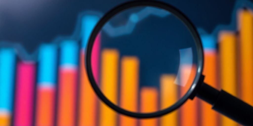 Magnifying glass over rising bar chart.