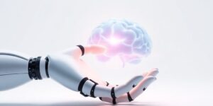 Robot hand touches glowing digital brain.