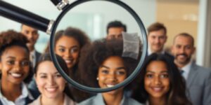 Magnifying glass over diverse business people.