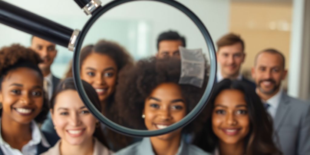 Magnifying glass over diverse business people.