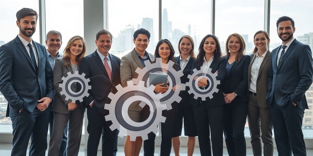 Interconnected gears and diverse business people.