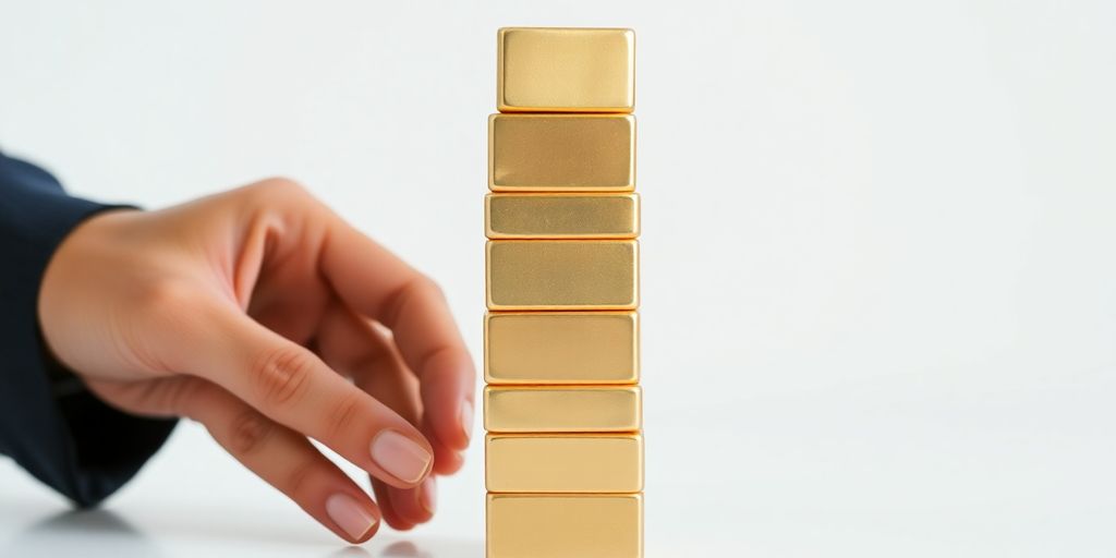 Person stacking golden blocks, reaching skyward.