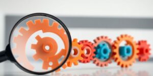 Magnifying glass over vibrant gears, growth concept.