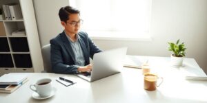 Person efficiently working at a sleek desk.