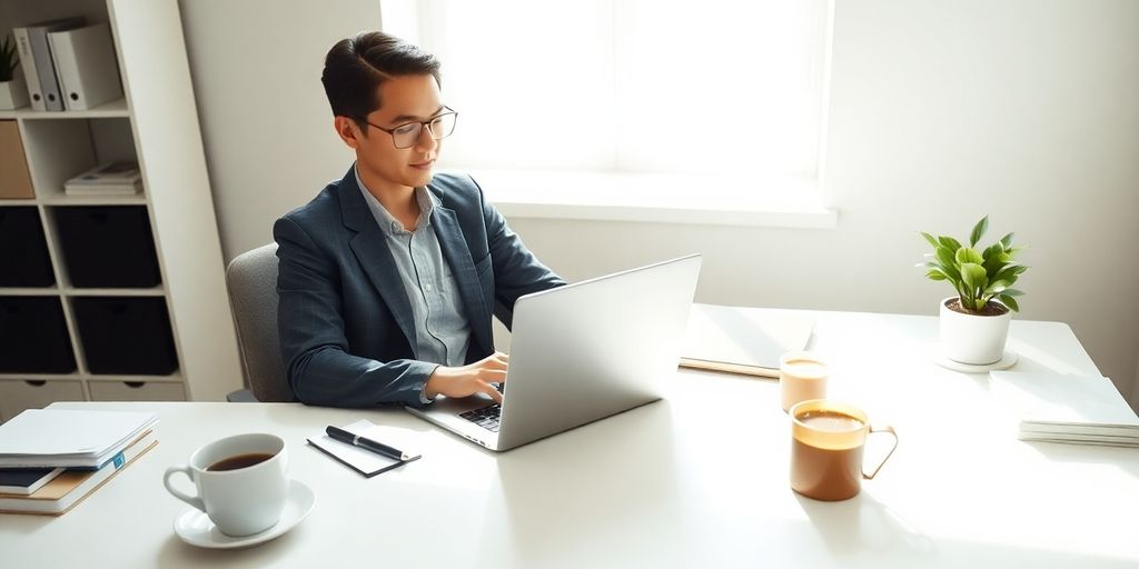 Person efficiently working at a sleek desk.