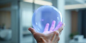 Human hand interacting with glowing AI voice assistant sphere.