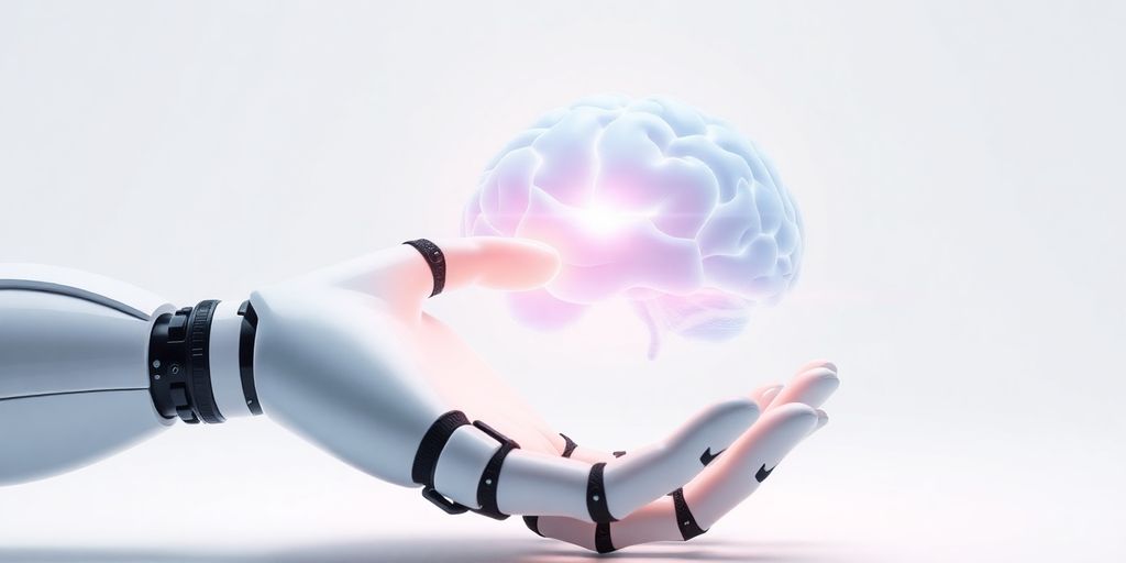 Robot hand touches glowing digital brain.