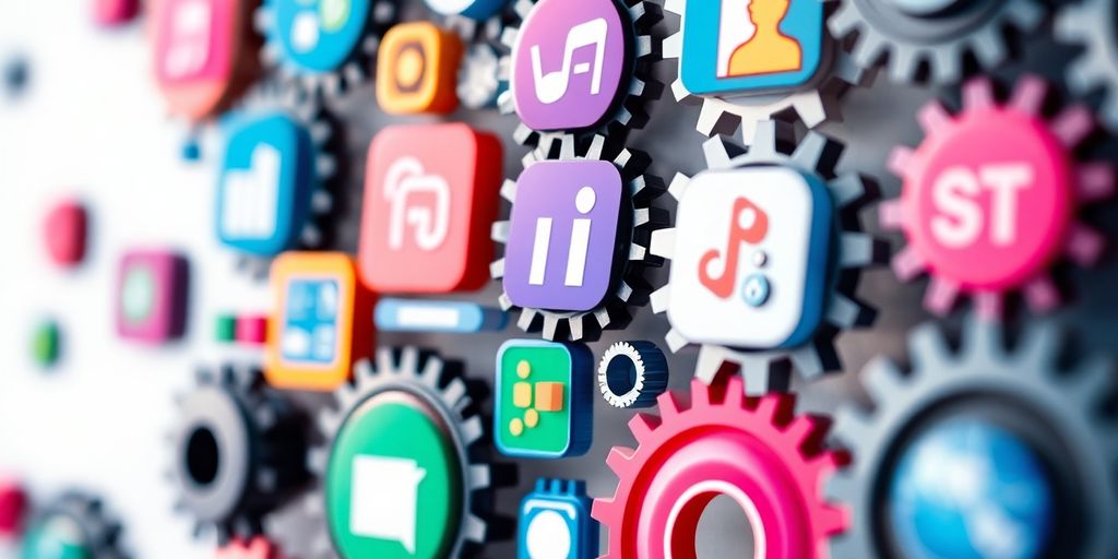 Interconnected apps, gears, workflow automation, digital integration visual.